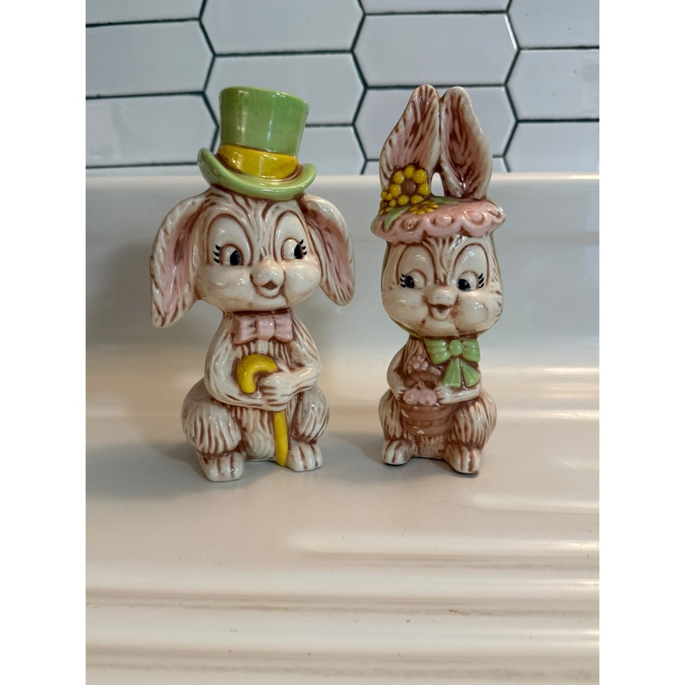 Vintage Ceramic Easter Bunny Figurine Set Mid Century Kitsch Rabbits Hat Basket